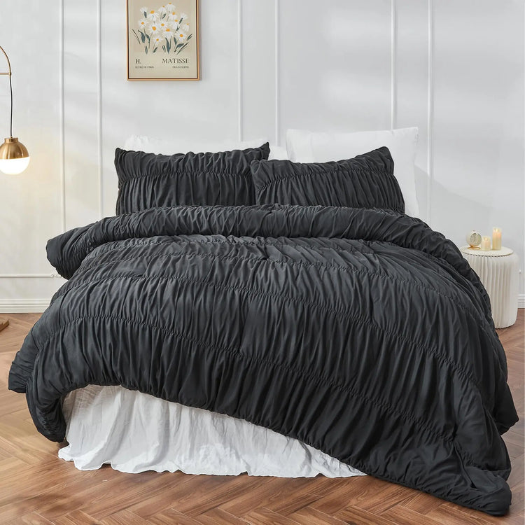 Ruched Black Duvet Cover Soft and Luxury Twin Queen King Comforter Cover Boho Shabby Chic Bedding Set - Fluffy 2/3 Piece Set