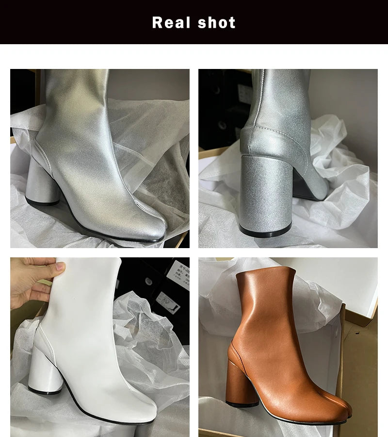 Luxury Brand Designer Tabi Split toe Ankle Boots Women Genuine Leather Chunky Round Heel Short Boots 2024 Autumn Winter Shoes