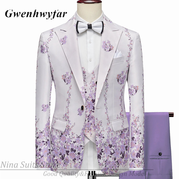 G&N 2026 New Series Men Suits Blazer Beautiful Lilac Purple Floral Pattern Tuxedos 3 Pieces Formal Party Costume Homme Slim Fit
