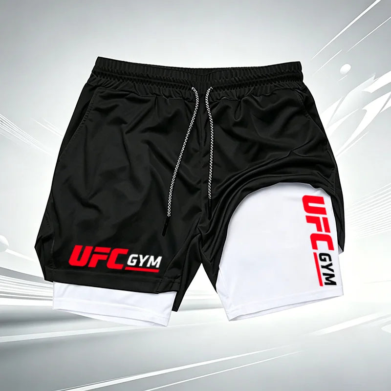 Summer men's printed UFC GYM 2-in-1 compression base shorts, quick drying fitness training breathable running shorts