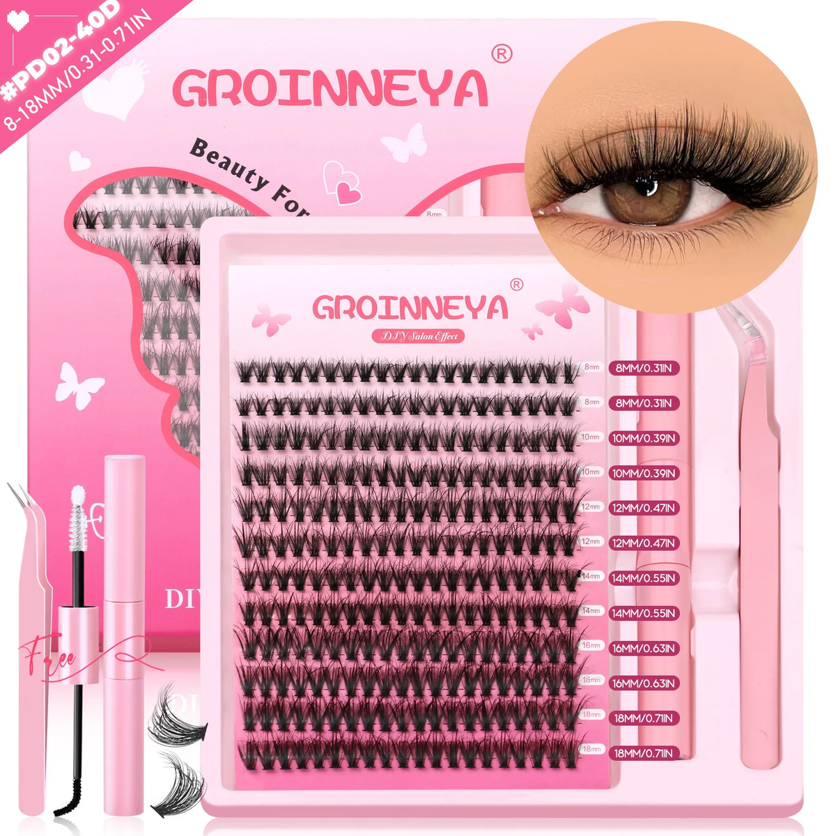 GROINNEYA DIY Lash Clusters Kit Thick Fluffy Cluster Lashes Full Set Lashes Extension with Lash Bond&Seal Individual Eyelashes