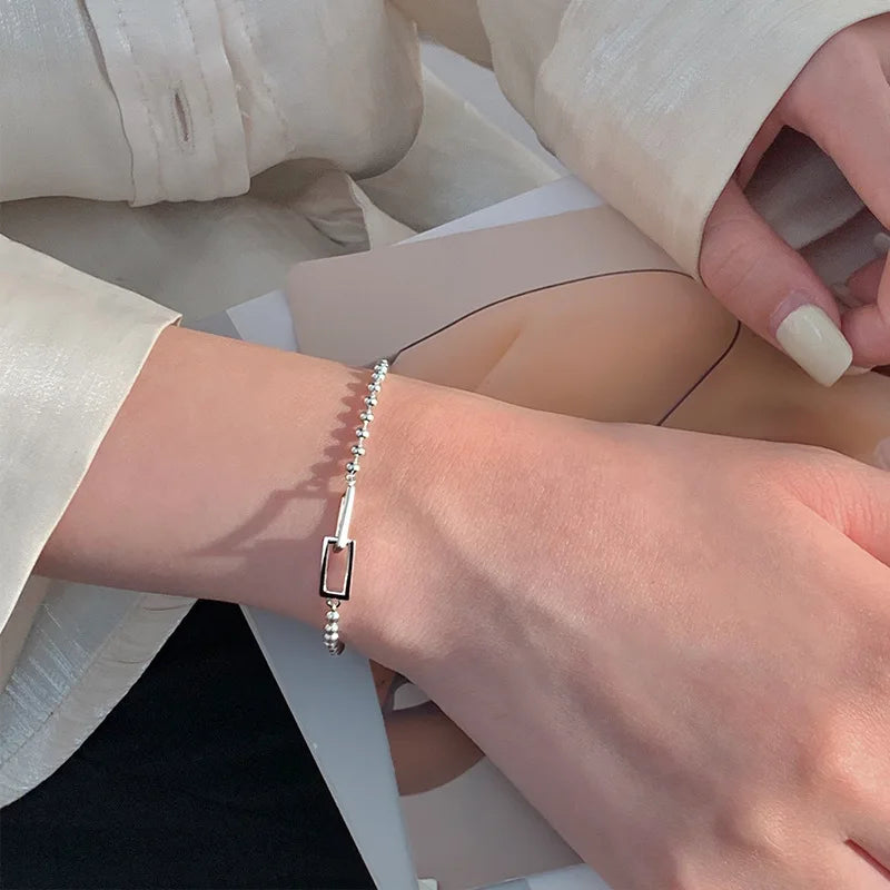 Silver Geometric Square Round Bead Bracelet For Women Personality Temperament Simple Hand Jewelry Party