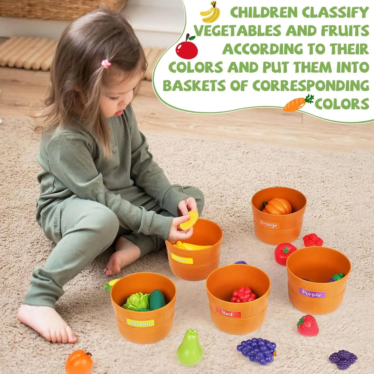 30 Pieces Color Sorting Kitchen Pretend Play Food Toy Set -Fruit&Vegetable Shapes Educational Learning Toy ,Toddlers , Kids gift