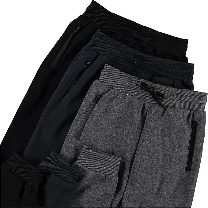 HUGE HILL 3 Pack Men's Fleece Lined Joggers Loose Fit Wide Leg Sweatpants with Zip Pockets S-3XL