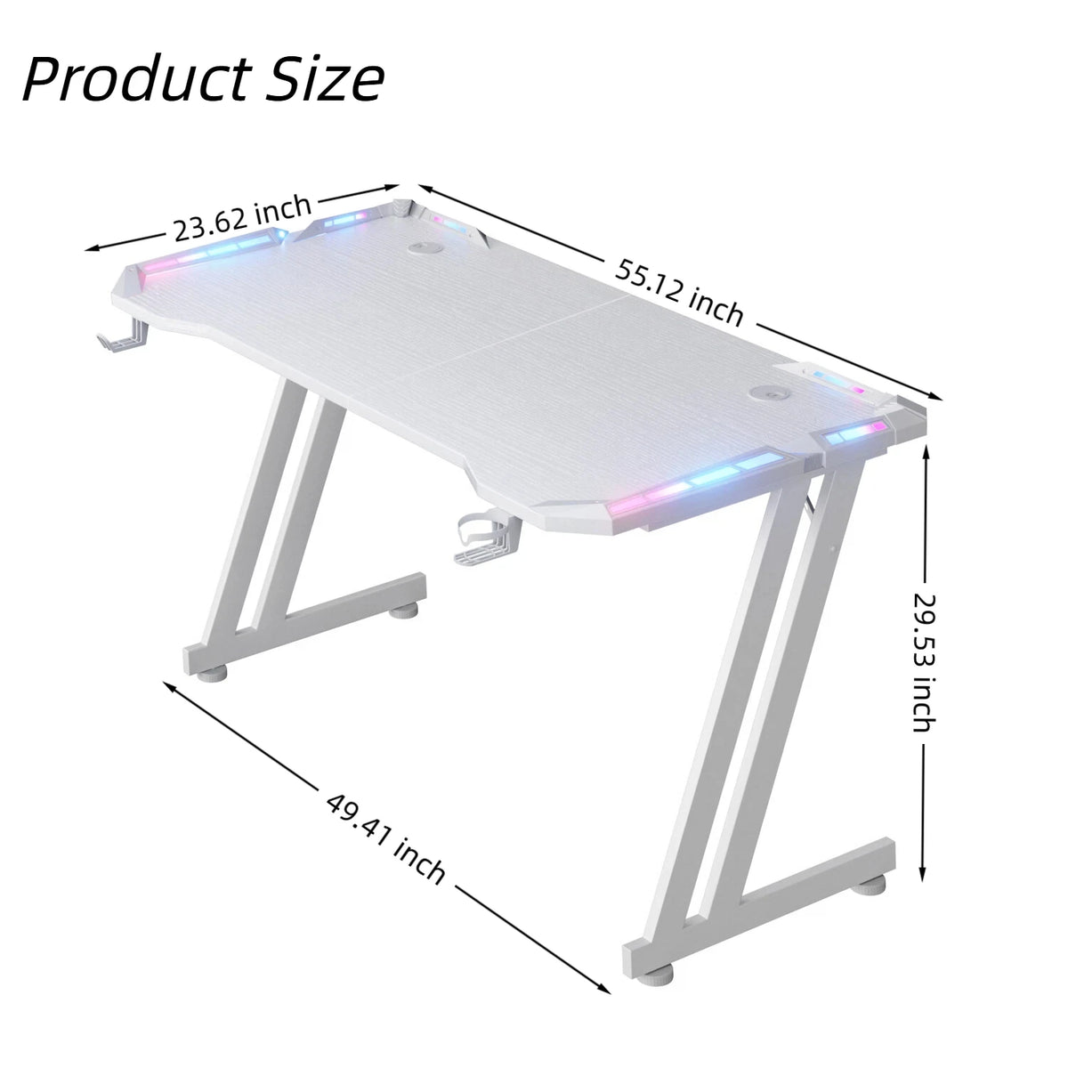 NEBMAAX White Gaming Desk RGB LED Lights Sturdy Z-Frame Workstation with Cup Holder And Headphone Hook for Home Office Gamers