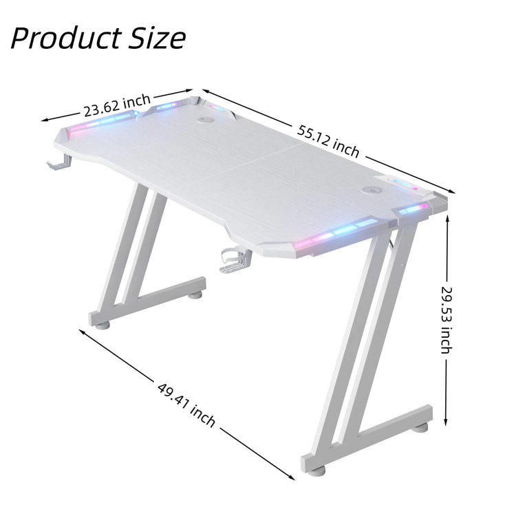 NEBMAAX White Gaming Desk RGB LED Lights Sturdy Z-Frame Workstation with Cup Holder And Headphone Hook for Home Office Gamers