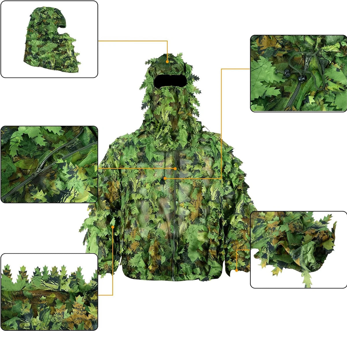 Adult Spring and Autumn Camo Bionic Leaves Camouflage Suit Hunting Ghillie Suit Woodland Camouflage Bird Watch Photography Suit