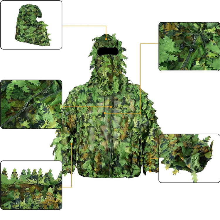 Adult Spring and Autumn Camo Bionic Leaves Camouflage Suit Hunting Ghillie Suit Woodland Camouflage Bird Watch Photography Suit