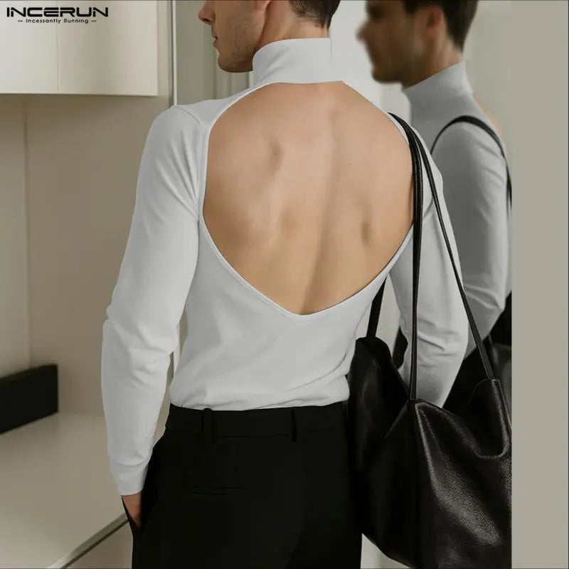 INCERUN Men T Shirt Solid Color Turtleneck Long Sleeve Hollow Out Backless Male Tee Tops Streetwear Fashion Casual Men Clothing