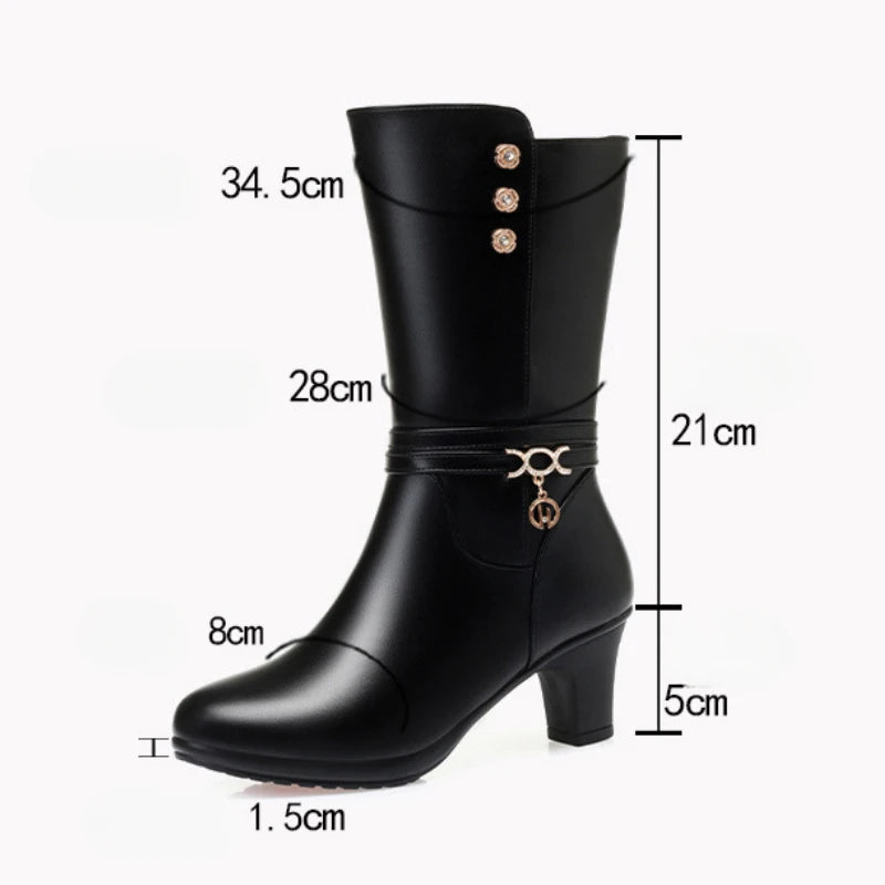Women Winter Warm Mid Calf Boots Mum Cotton Shoes Metal Decoration Padded Soft Sole Solid Colour Side Zip Rhinestone Shoes