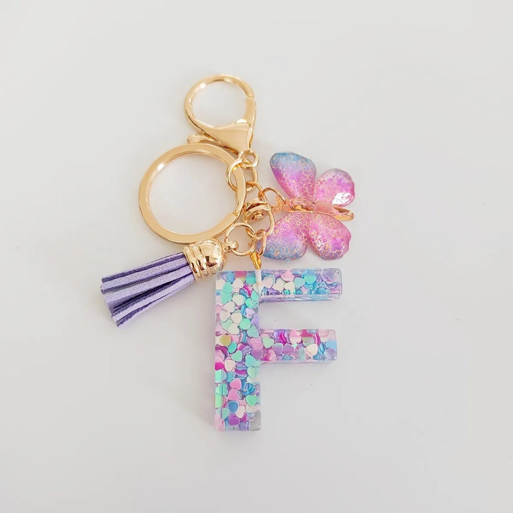 Fashion butterfly Fringe Initial Keychain Drop Glue Blend Sequin A-Z26 Letter Keychain Cute Ladies Student Bag Accessory Gift