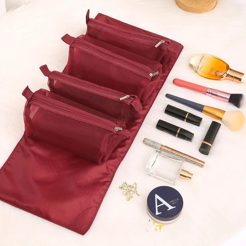 4-in-1 Removable Makeup Bag Foldable Travel Cosmetic Organizer Waterproof Nylon Multi Pocket Toiletry Storage Bag