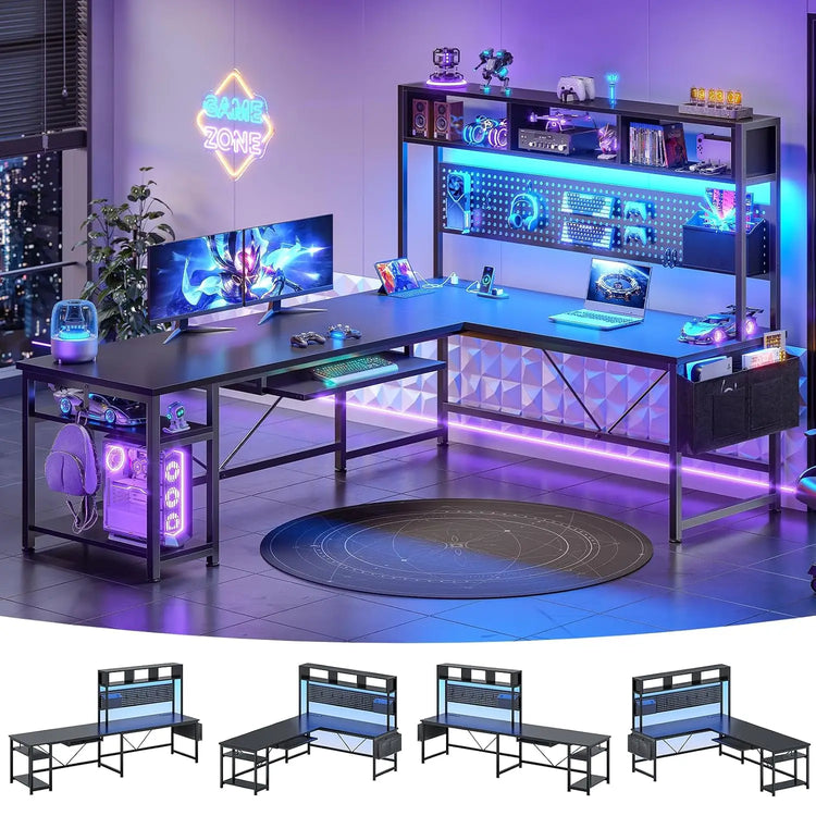 67" L Shaped Gaming Desk with Pegboard LED Lights and Power Outlet | Reversible Computer Desk with Keyboard Tray, Customized
