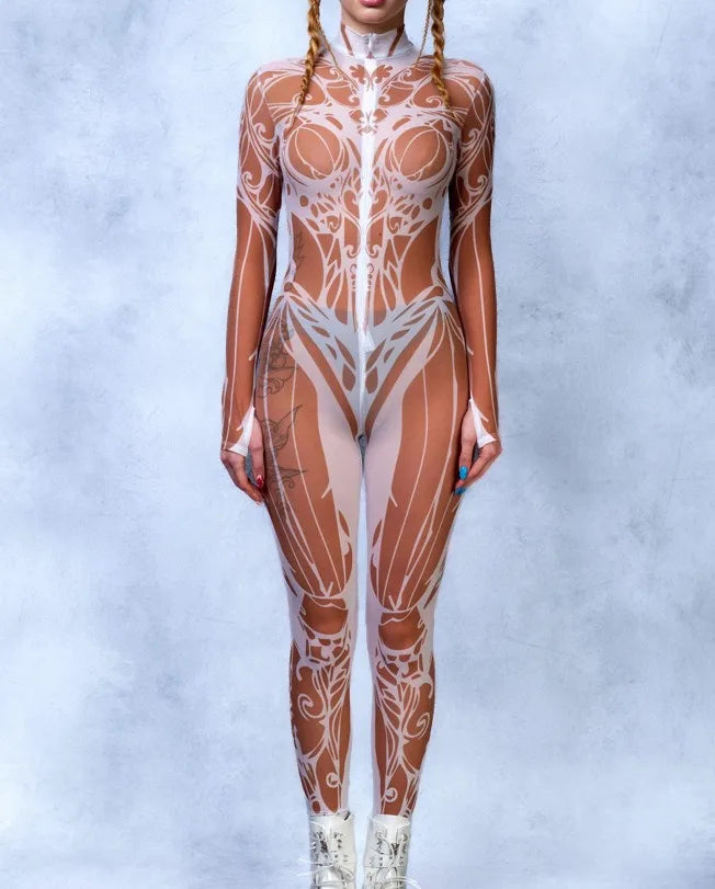 Sexy Fashion Print Jumpsuit Woman Turtleneck Zentai Bodysuit Cyberpunk Steam Tight Suit Halloween Costume Burning Man Outfit