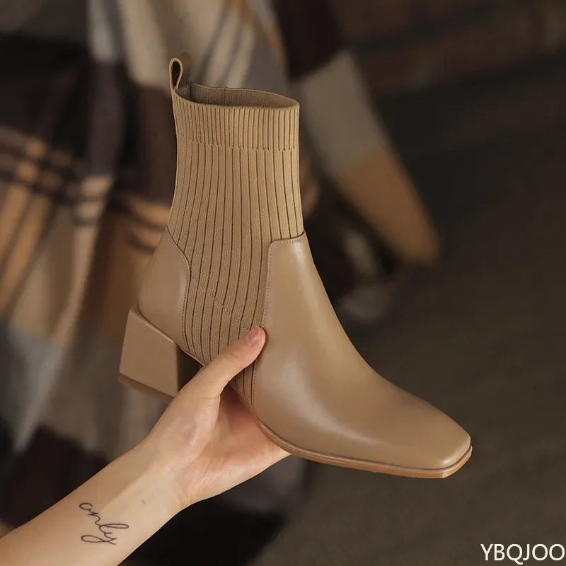 Autumn winter new elegant simple thick heel square toe short boots fashionable versatile shoes casual comfortable women's shoes
