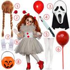 2026 Halloween Trick or Treat Carnival Party White Gray Scary Clown Mesh Fluffy Dress Girl Cosplay Joker Costume Accessories Set