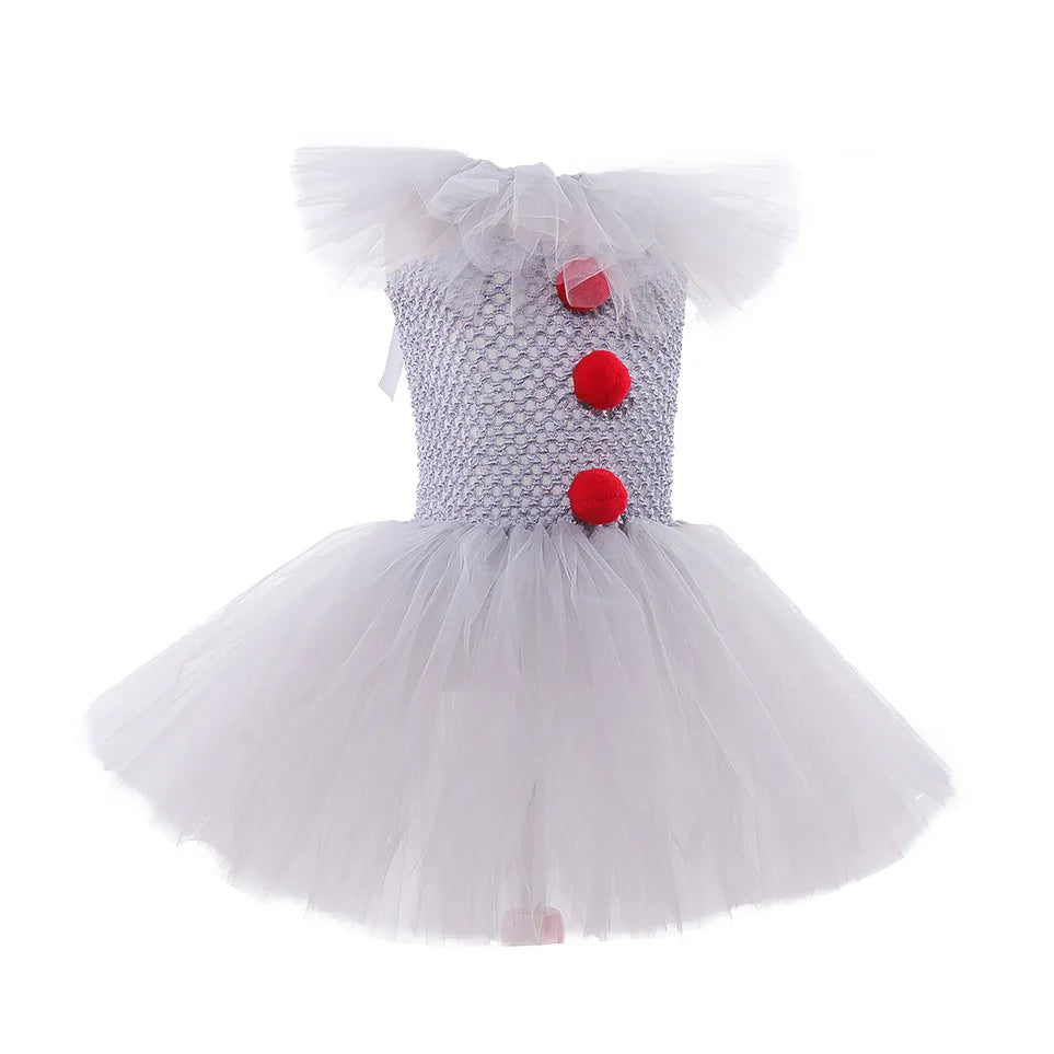 2026 Halloween Trick or Treat Carnival Party White Gray Scary Clown Mesh Fluffy Dress Girl Cosplay Joker Costume Accessories Set