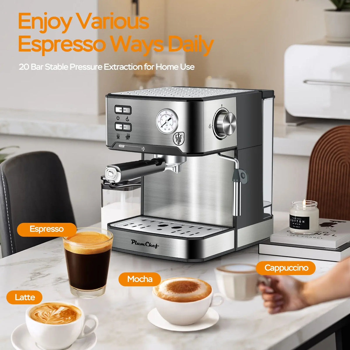 Espresso Machine 20 Bar Professional Compact Household Coffee Espresso Maker with Milk Frother Steam Wand Pressure Gauge 54oz Water Tank Low Noise and Fast Coffee Machine for Cappuccino Latte