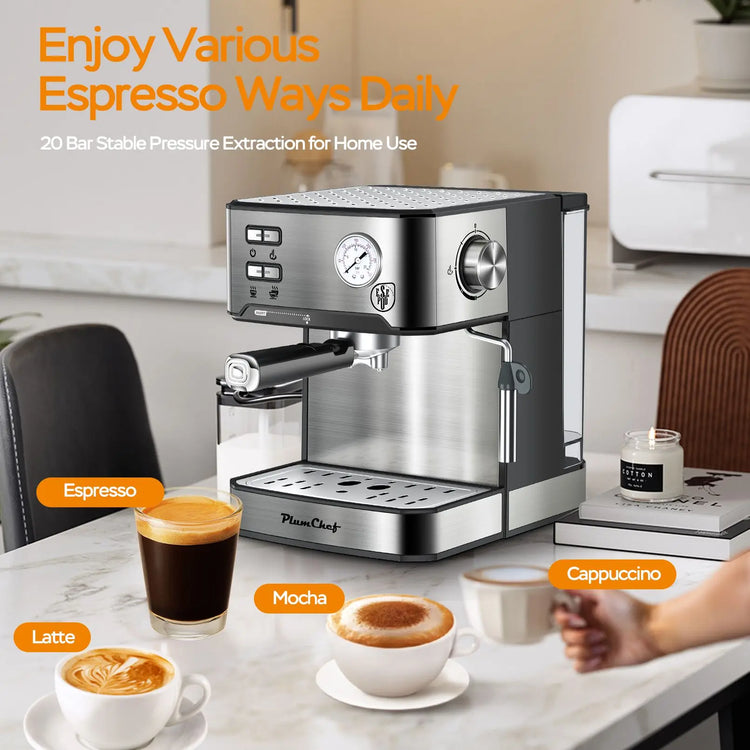 Espresso Machine 20 Bar Professional Compact Household Coffee Espresso Maker with Milk Frother Steam Wand Pressure Gauge 54oz Water Tank Low Noise and Fast Coffee Machine for Cappuccino Latte