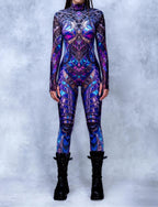 Sexy Fashion Print Jumpsuit Woman Turtleneck Zentai Bodysuit Cyberpunk Steam Tight Suit Halloween Costume Burning Man Outfit