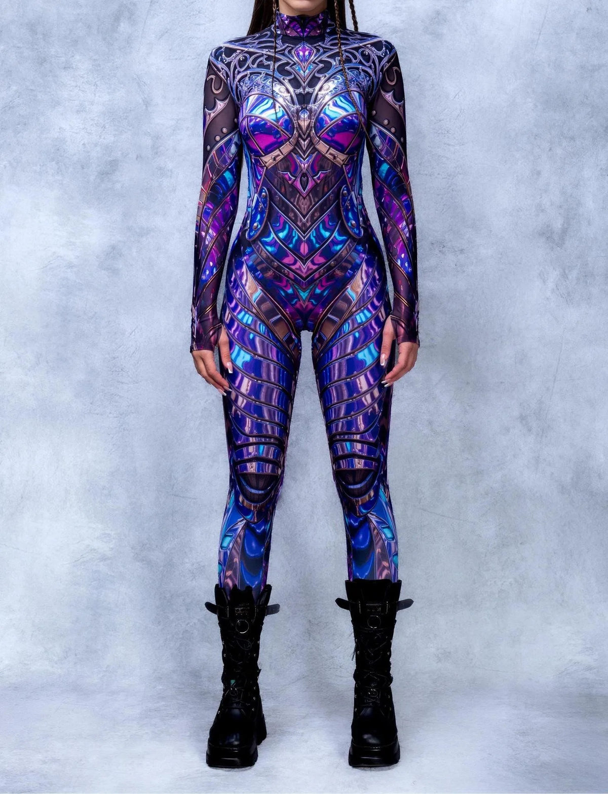 Sexy Fashion Print Jumpsuit Woman Turtleneck Zentai Bodysuit Cyberpunk Steam Tight Suit Halloween Costume Burning Man Outfit