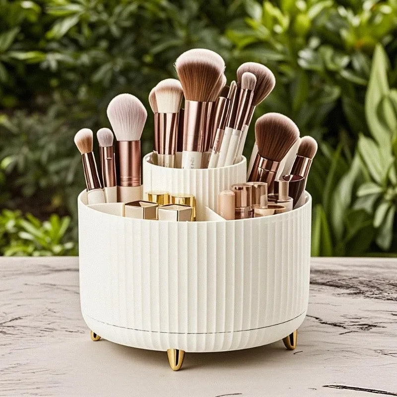 360° Rotating Makeup Organizer Plastic Cosmetic Storage 5 Compartments Multi-Functional Brush Holder Compact Travel Makeup Case