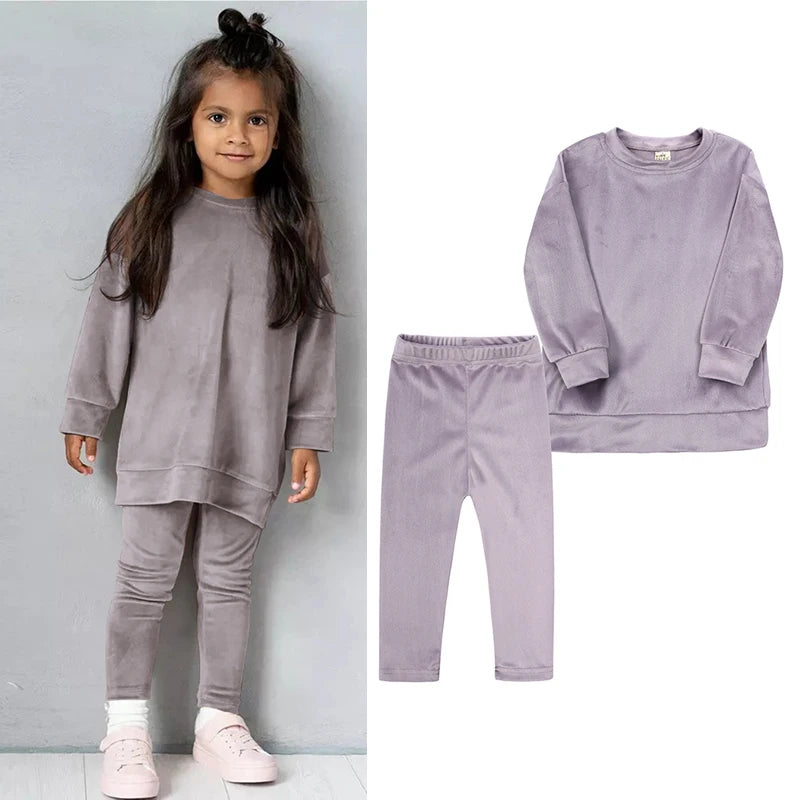 2026 Spring Kids Girl Velvet Suit Long Sleeve Pants Solid Clothes For Infant Toddler Boy Pullover Sweatshirt Set Teenage Outfits