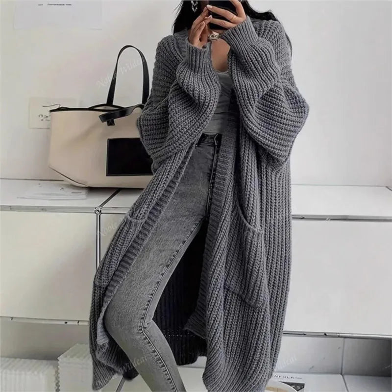 Women Oversized Maxi Cardigan Knitted Sweater Coat With Pockets Autumn Winter Casual Loose Long Sleeve Sweater Outwear Ladies