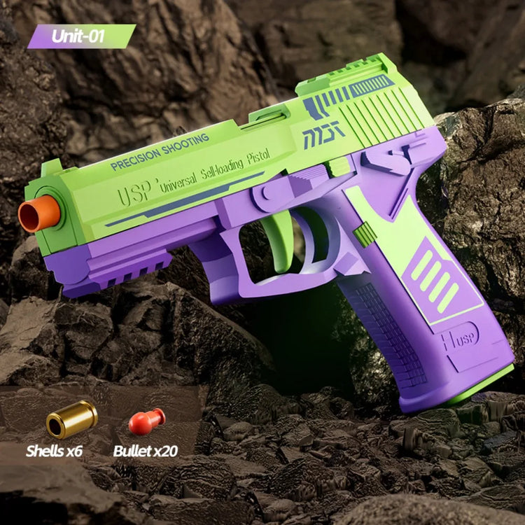 USP Shell Ejecting Soft Bullet Toy Gun Automatic Pull Back Action Shell Throwing Continuous Firing Shooting Games Christmas Gift