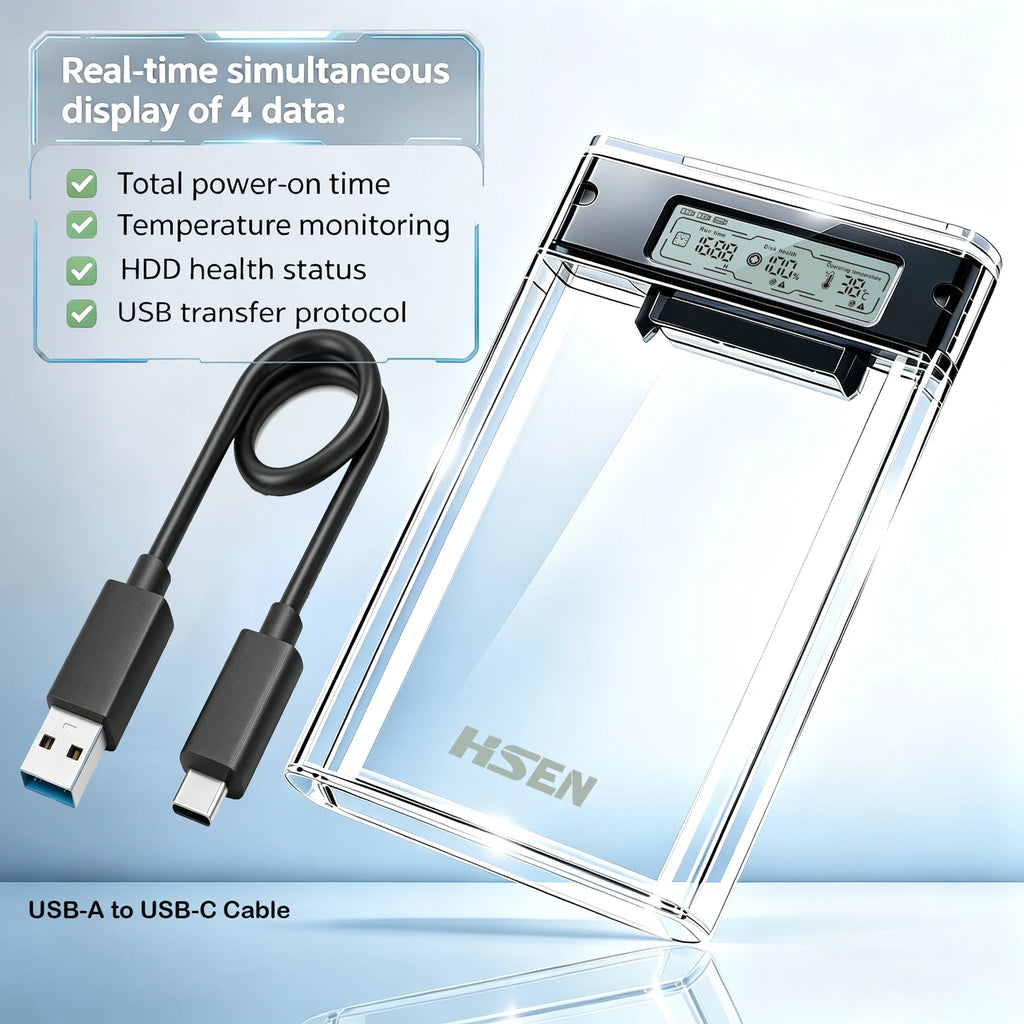 USB 3.0 2.5" HDD/SSD Enclosure Transparent SATA Hard Drive Case with Smart Display Real-Time Hard Disk Health Monitoring
