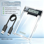 USB 3.0 2.5" HDD/SSD Enclosure Transparent SATA Hard Drive Case with Smart Display Real-Time Hard Disk Health Monitoring