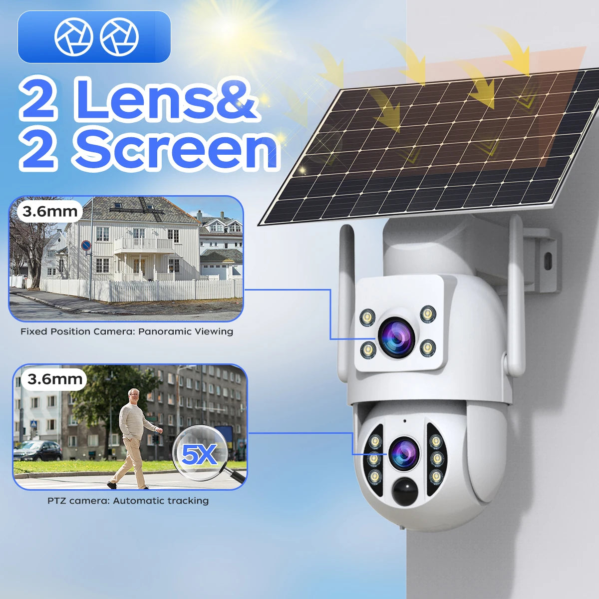 JOOAN 4K Solar Security Camera Wireless Outdoor Dual Lens Solar IP Camera PIR Human Detection Night Vision Battery CCTV Camera