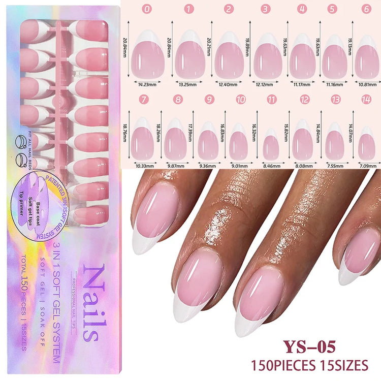 150Pcs/Box Acrylic Press on Nails Full Cover Fake False Tips Soft Gel Extension T-shaped Oval Capsule Almond Sculpted Salon DIY
