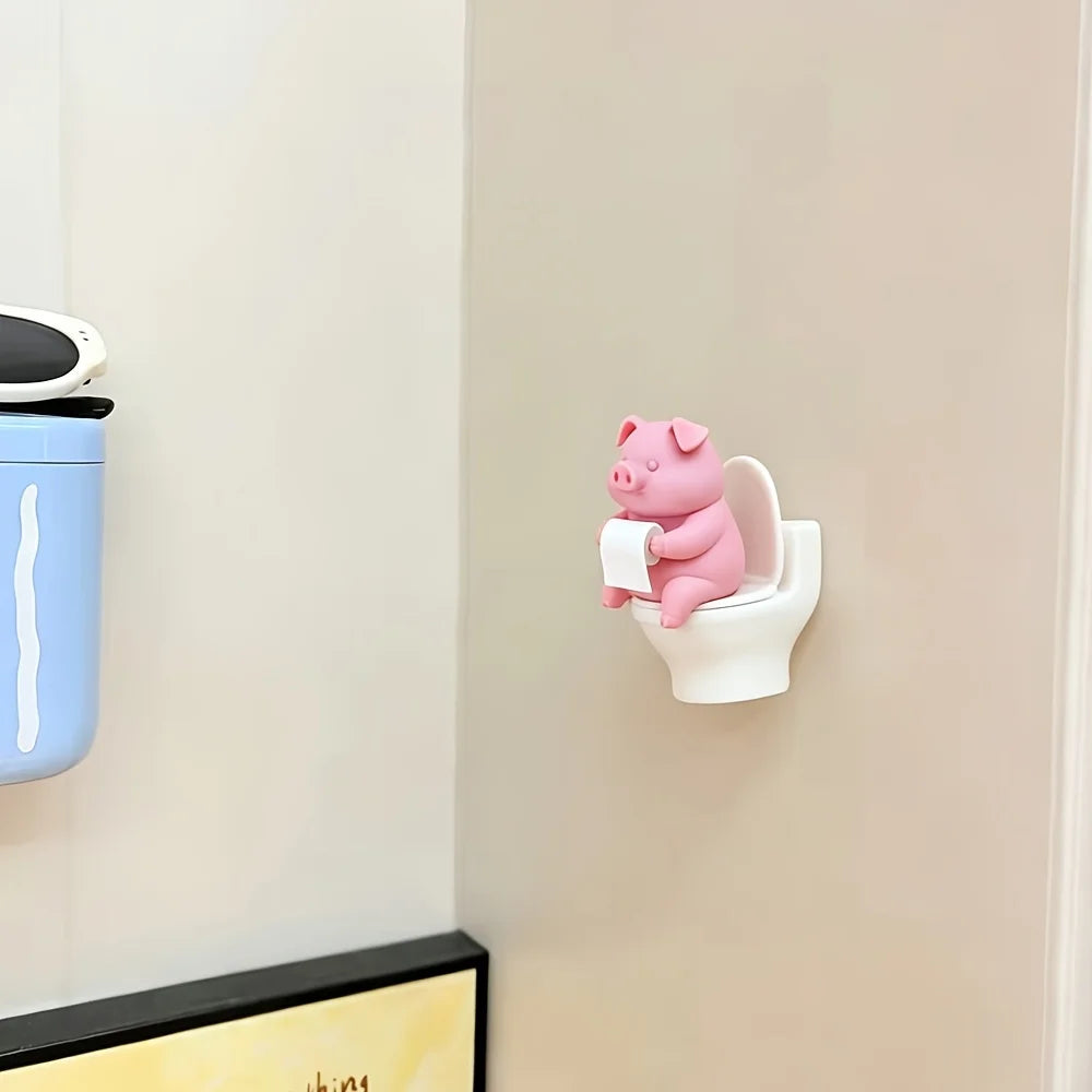 Cute Pig Sitting on Toilet,Bathroom Decor,Tabletop or Wall-Mounted,Home Office Desk & Living Room Display,Home Decor