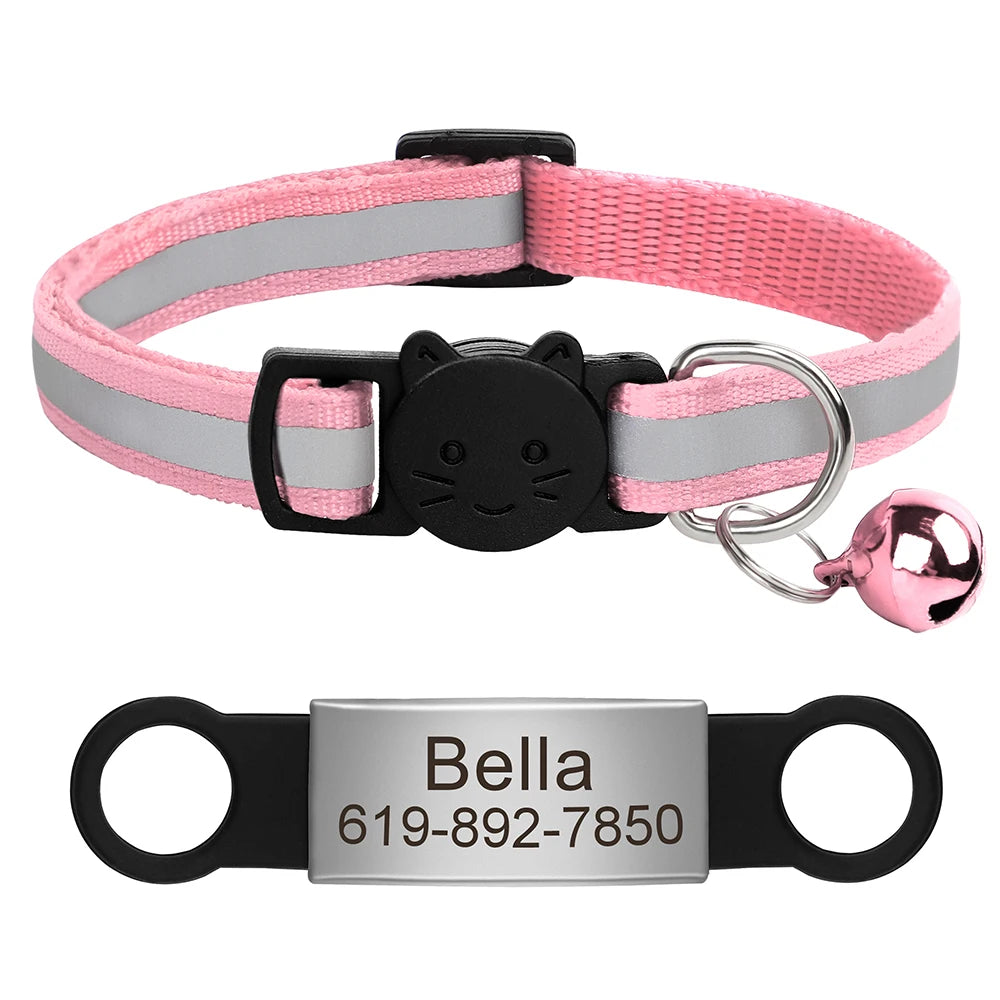 Customized Cat Collar Reflective Cat Collar Free Engraved Puppy Kitten Pet ID Nameplate Necklace With Bell Anti-lost For Cats