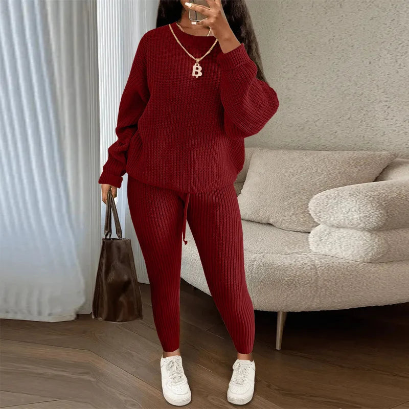 FAGADOER Knitt Sweater 2 Piece Set for Women Autumn Winter Long Sleeve O Neck Sweater + Skinny Pants Sets Casual Outfit Homewear