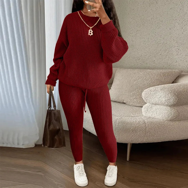 FAGADOER Knitt Sweater 2 Piece Set for Women Autumn Winter Long Sleeve O Neck Sweater + Skinny Pants Sets Casual Outfit Homewear