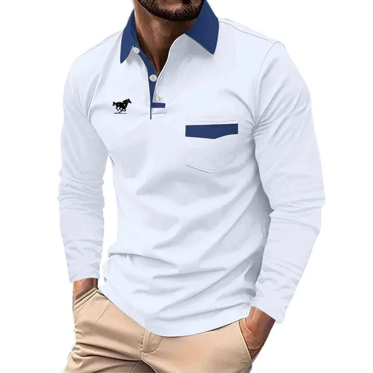 Men's business casual polo shirt, long-sleeved shirt, tight pocket sewn, solid color, sporty, spring and autumn, new