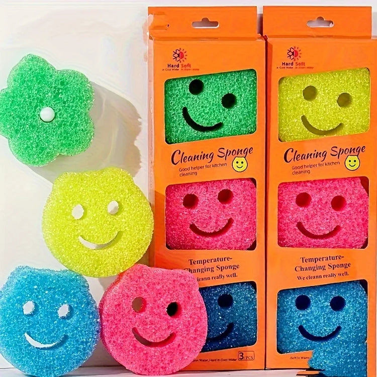 7pcs Smiley Face Temperature-Changing Cleaning Sponges，Colorful Kitchen Dishwashing Tools for Summer Grease Removal Cleaning