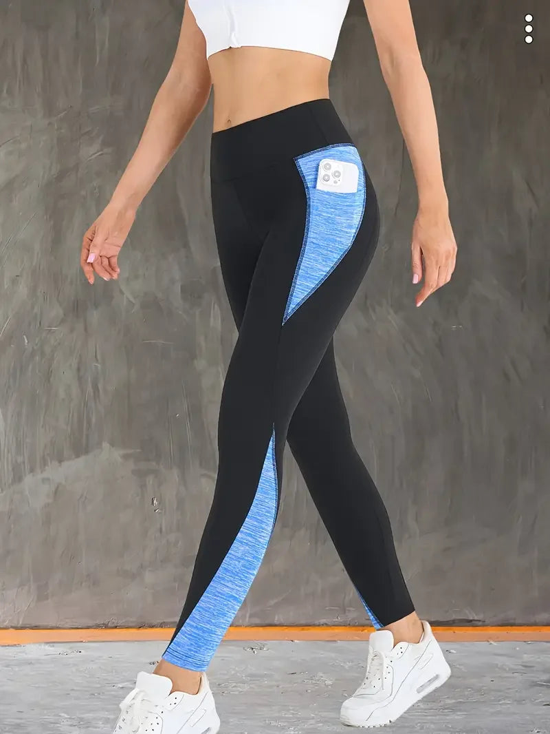 Contrast Color Patchwork Side Pocket Yoga Pants High Waist Tummy Control Hip Lifting Yoga Leggings Sportawear For Women