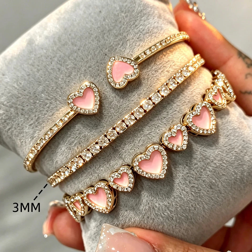 Yupsk 3pcs/set Pink Acrylic Oil Dripping Heart Stacking Bracelets for Women Girls Sweet Exquisite Jewelry Gift
