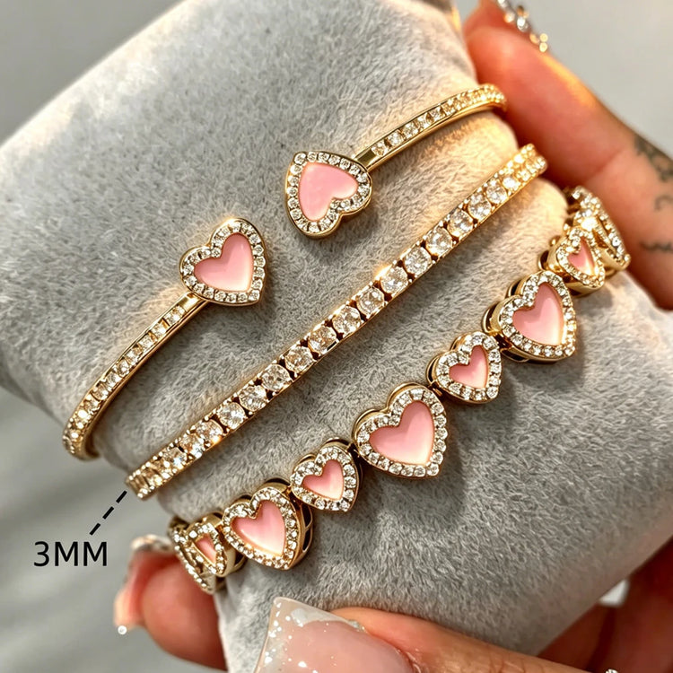 Yupsk 3pcs/set Pink Acrylic Oil Dripping Heart Stacking Bracelets for Women Girls Sweet Exquisite Jewelry Gift