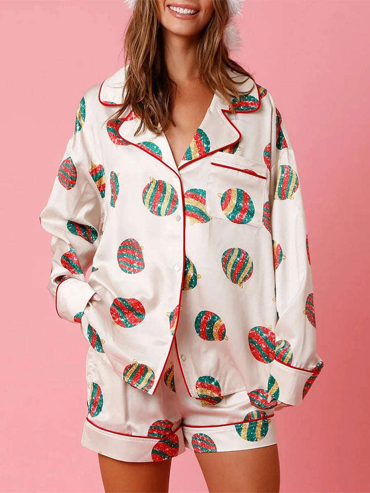 Christmas Pajamas Shorts Set for Women Santa Claus Pjs Long Sleeve Button Down Shirt+Pants 2 Piece Xmas Jammies Loungewear