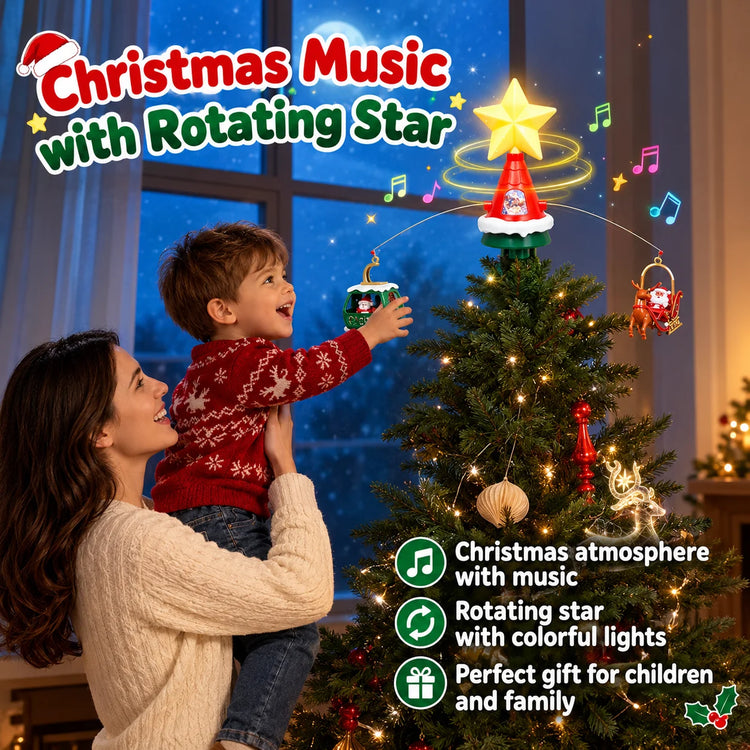 Plastic Christmas Tree Topper Toy, Rotating Cable Car & Sleigh with Light Music, USB Cable Included, Xmas Gift for Kids