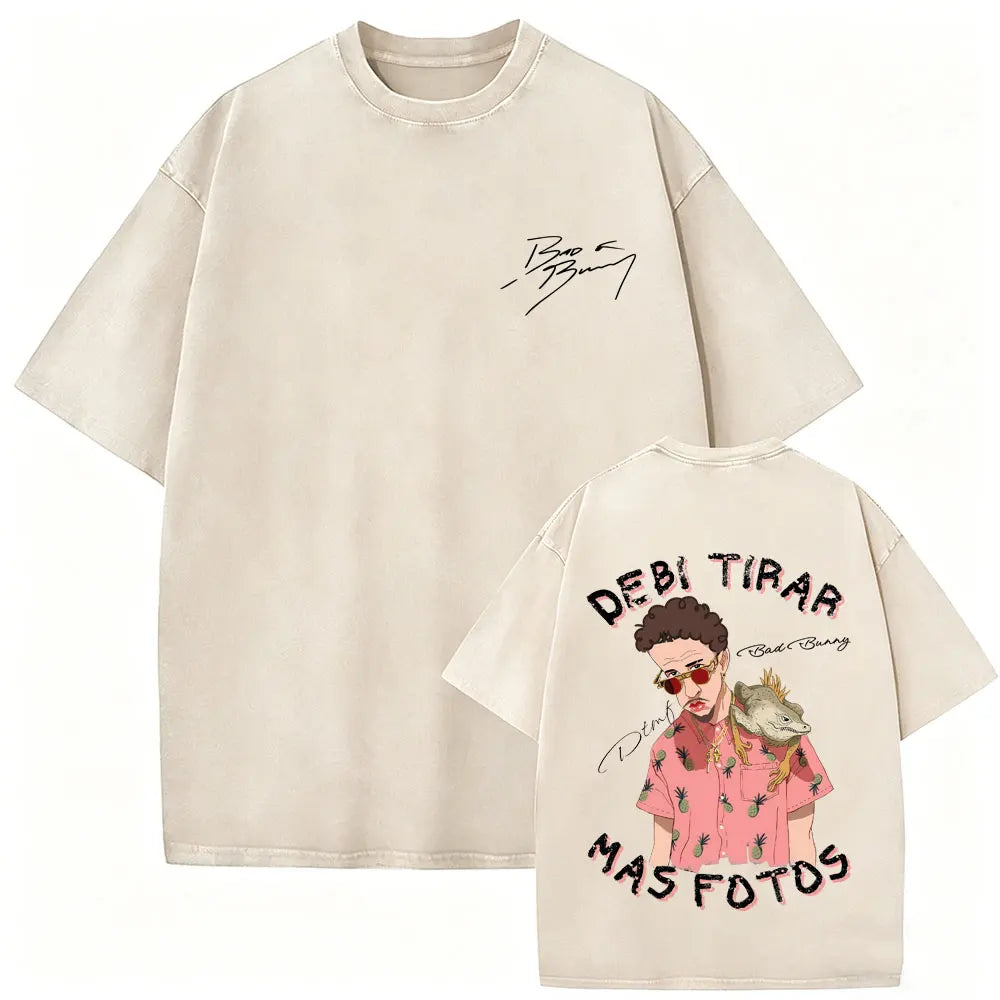 Rapper Bad Bunny Vintage Washed T Shirts Fans Gift Debi Tirar Mas Fotos DTMF Merch T-shirt Men's Women Hip Hop Fashion T-shirts