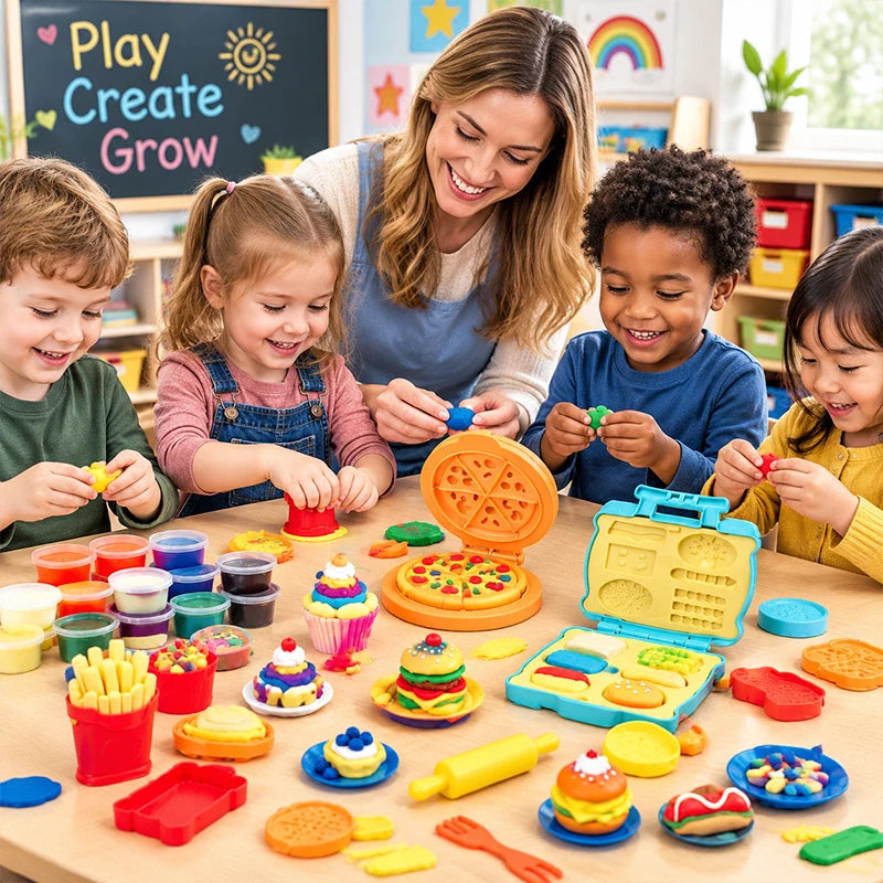 Play Dough Toys Series 12 Colors Pizza Burger Maker Play Dough Kit Kitchen Fast Food Modeling Clay Molds Set Kids Birthday Gift