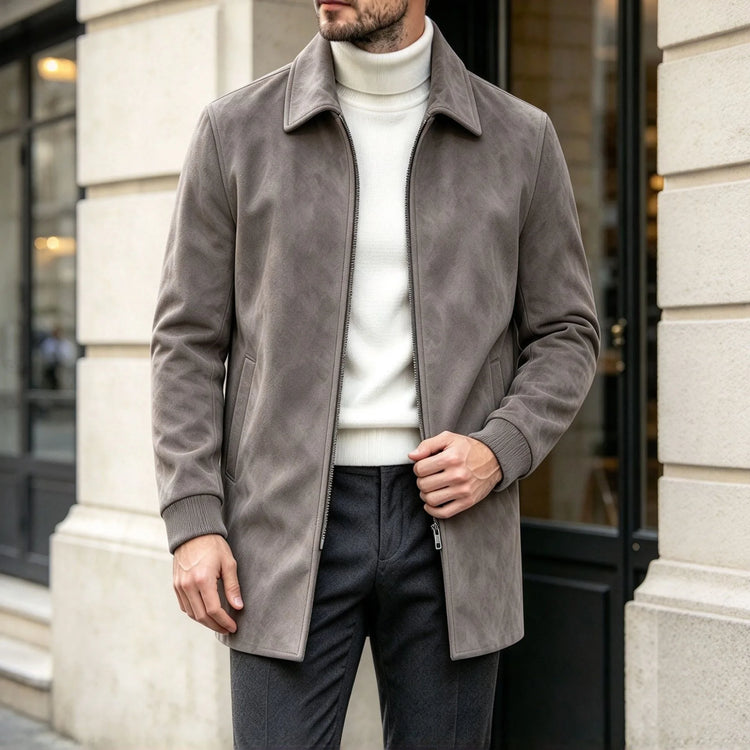 Men Faux Suede Mid Length Coat Autumn Winter Lapel Zipper Jacket Business Casual Slim Fit Windproof  Overcoat Streetwear Outwear