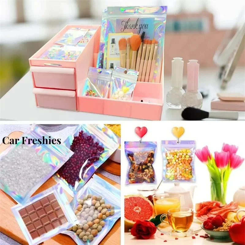 100/10PCS Laser Sealing Bags Plastic Holographic Candy Food Pouch Resealable Necklace Jewelry Gift Packaging Kitchen Storage Bag