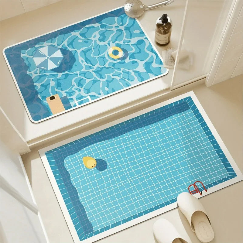 Bathroom anti‑slip floor mat, water‑absorbing and quick‑drying floor mat, cartoon‑style swimming pool print floor mat