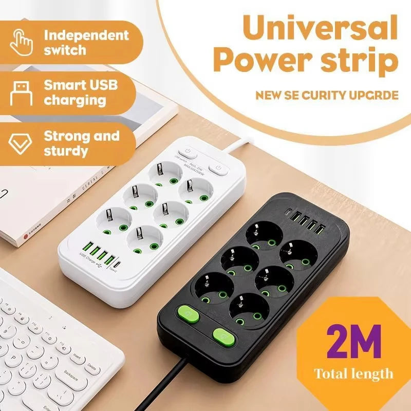 EU Plug AC Outlet Multitap Power Strip 2m Extension Cord Electrical Socket Smart USB Home Office Surge Protector Network Filter